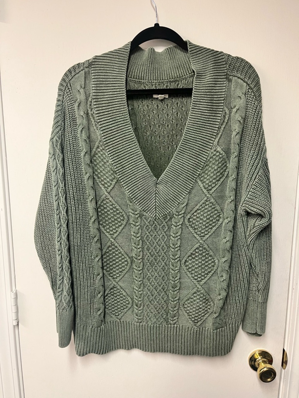 aerie Sage Green Cable Knit V-Neck Sweater